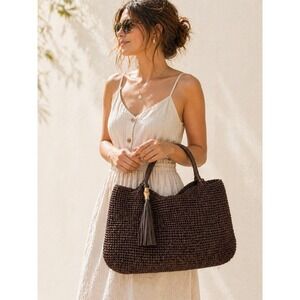 Tommy Bahama Woven Straw Tote Bag Dark Brown Tassel Coastal Resort Vacation NWT